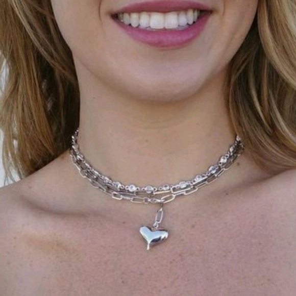 Gold Puff Heart Paperclip Choker Necklace Chain - Picture 5 of 10